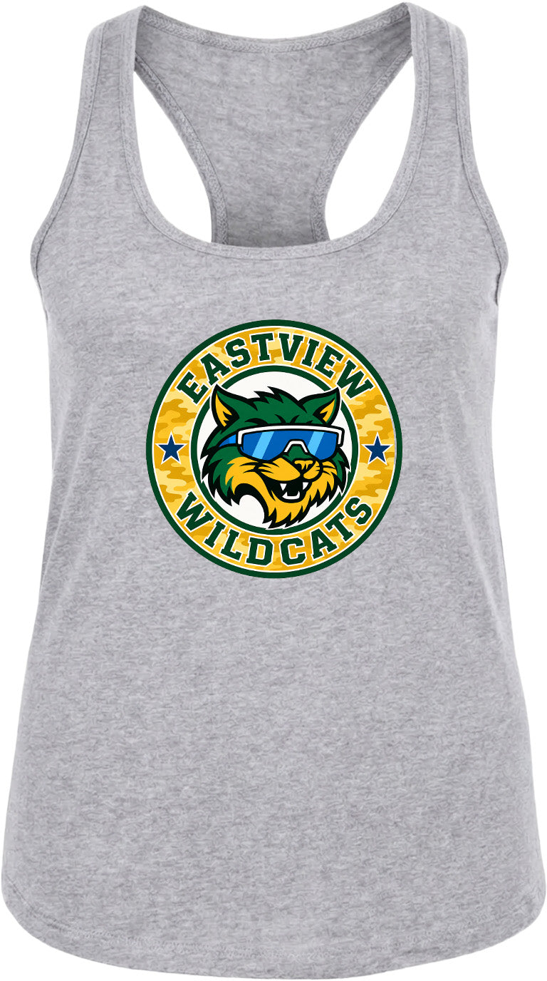A gray tank top with a graphic design featuring a cartoon cat wearing sunglasses and the text "EASTVIEW WILDCATS" around it.