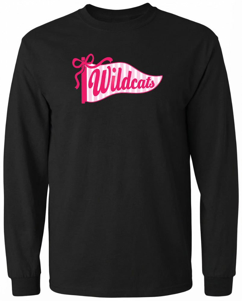 A black long-sleeved shirt with a pink and white banner design featuring the word "Wildcats" on it.