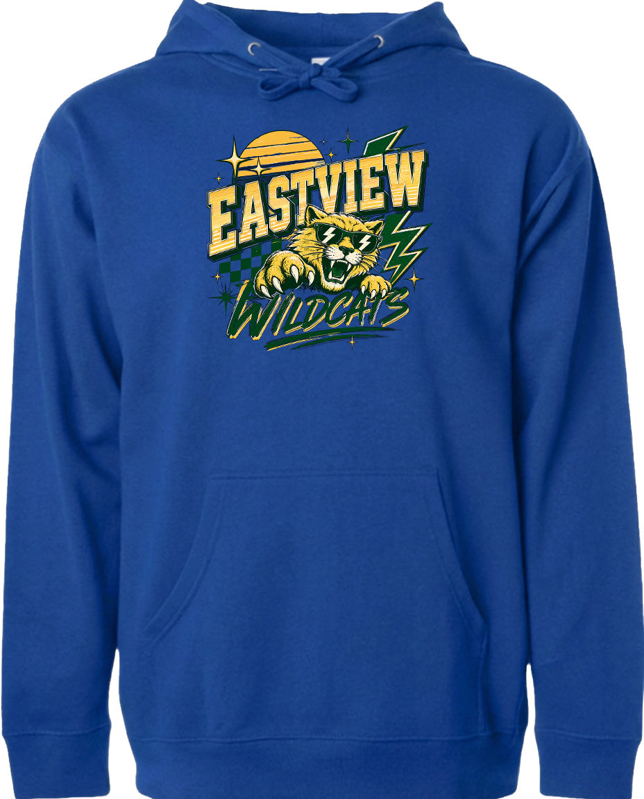 A blue hoodie with a graphic design featuring a tiger and the text "EASTVIEW WILDCATS" printed on it.