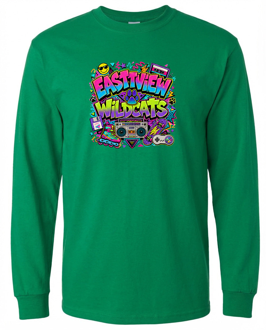 A long-sleeved green t-shirt with a colorful graphic design featuring the text "EASTVIEW WILDCATS" surrounded by various icons and elements, such as a boombox, sunglasses, and a skateboard.
