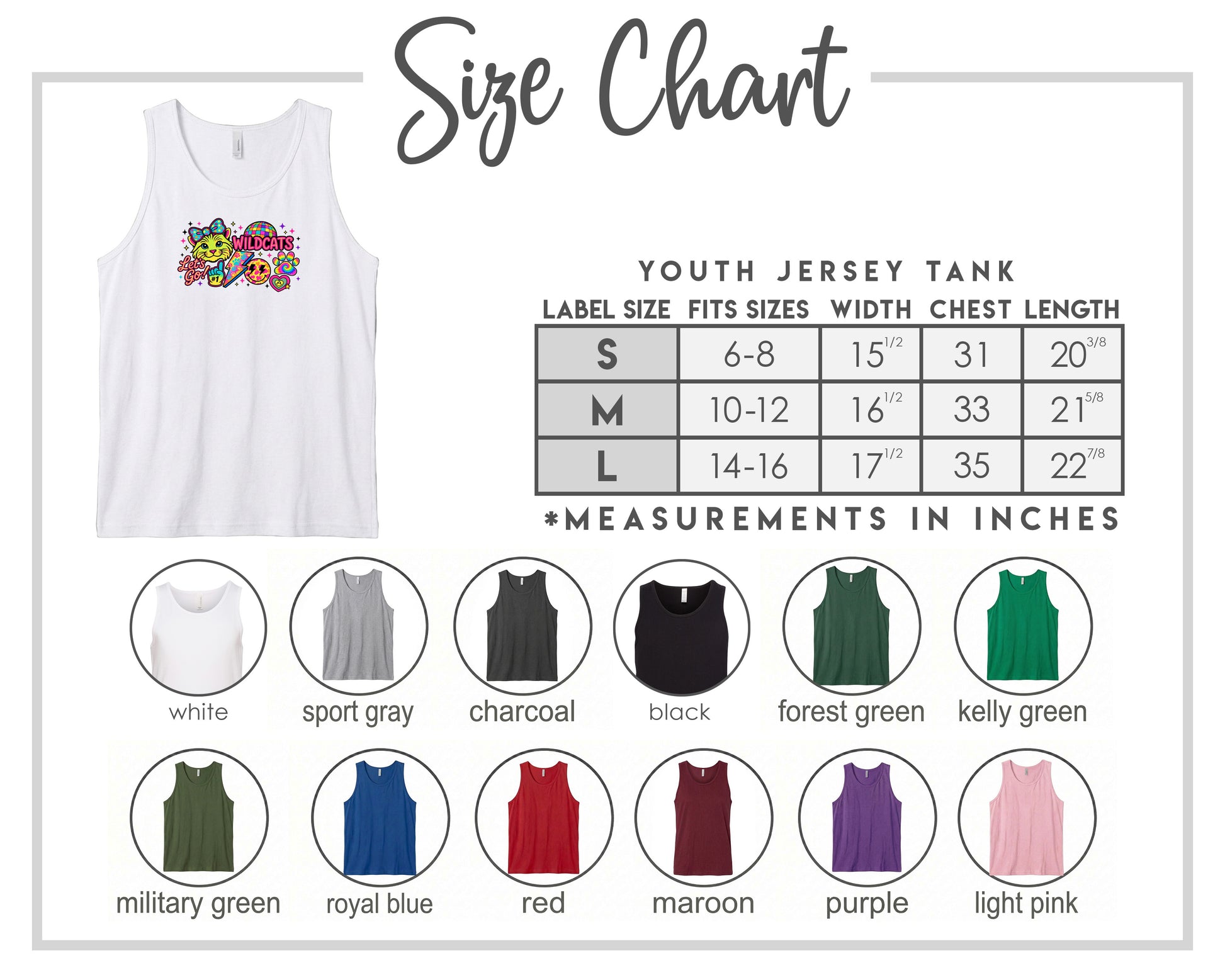 The image is a size chart for a youth jersey tank top, displaying various color options and corresponding measurements in inches.