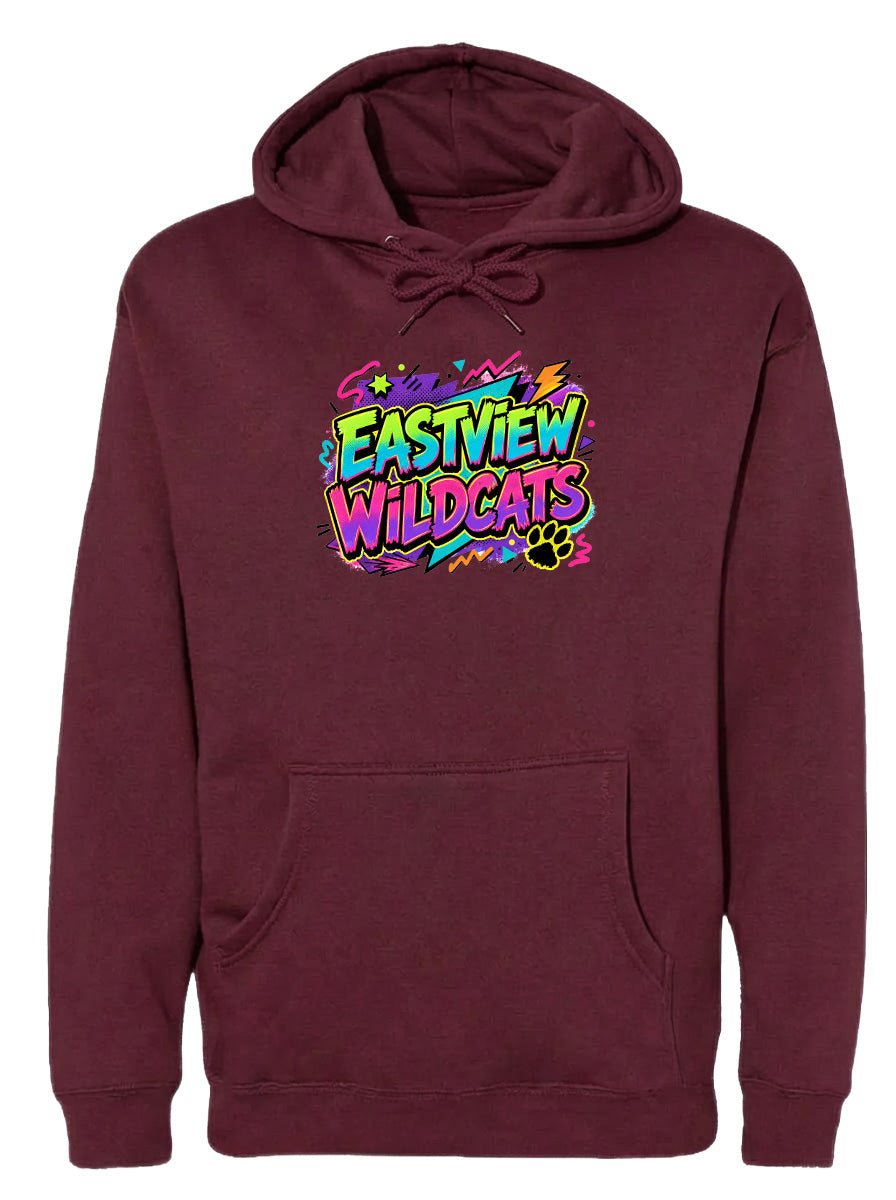 A burgundy hoodie with a colorful graphic design on the front, featuring the text "EASTVIEW WILDCATS" in a vibrant, graffiti-style font.