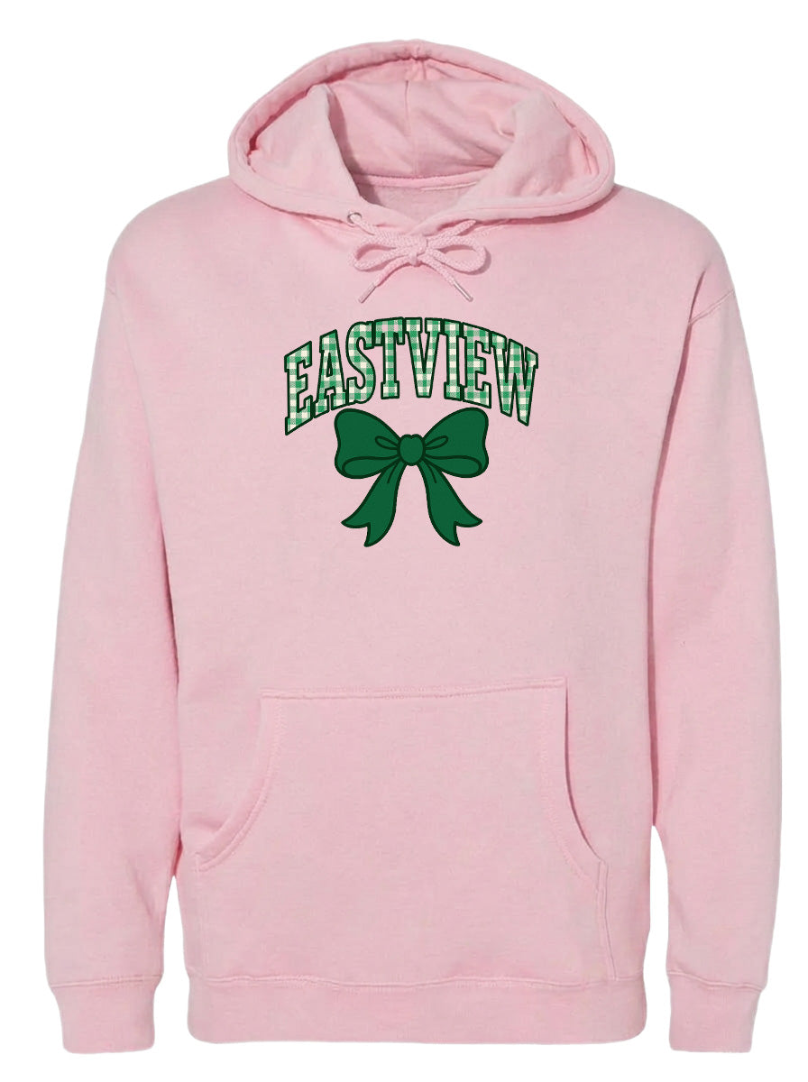 A pink hoodie with the word "EASTVIEW" and a green bow printed on it.