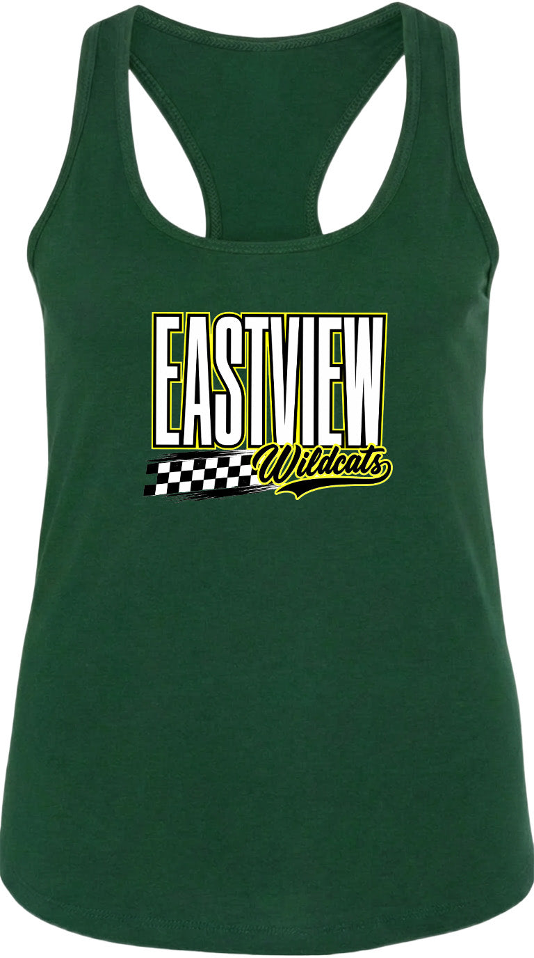 A green tank top with a graphic design featuring the text "EASTVIEW Wildcats" printed on it.