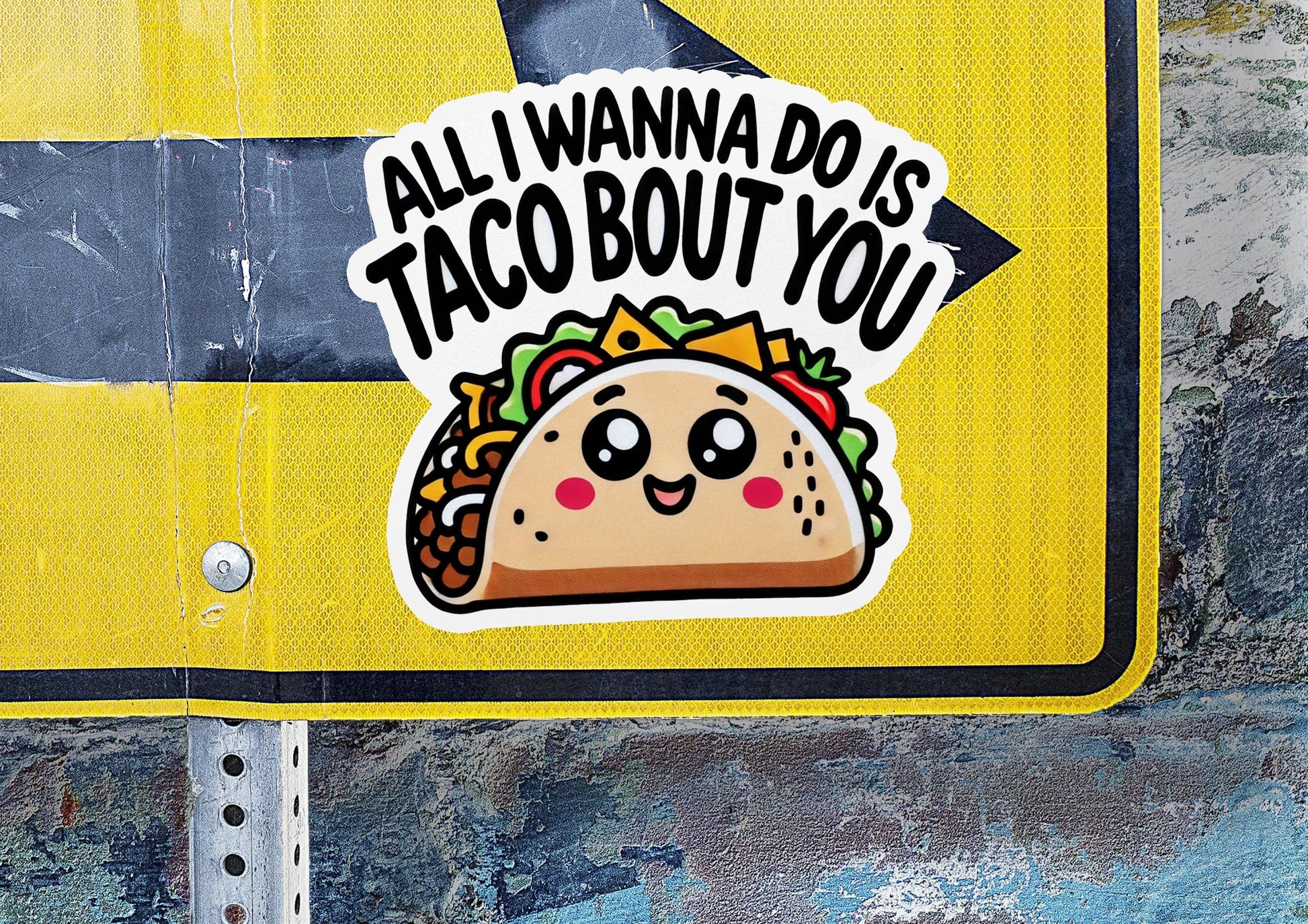 a yellow street sign with a taco sticker on it