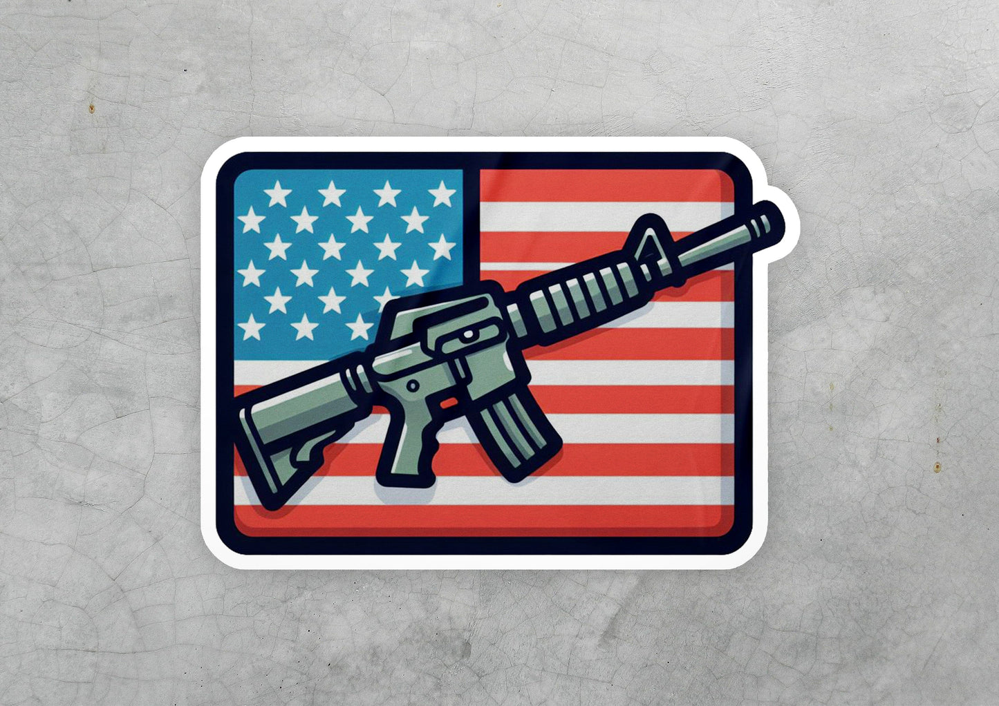 a sticker of a gun with the american flag in the background