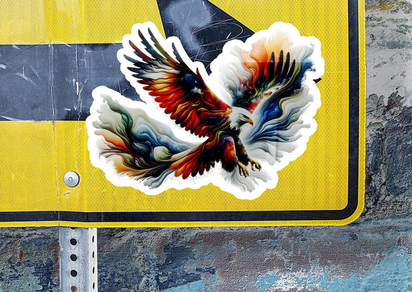 a sticker of a bird flying over a street sign