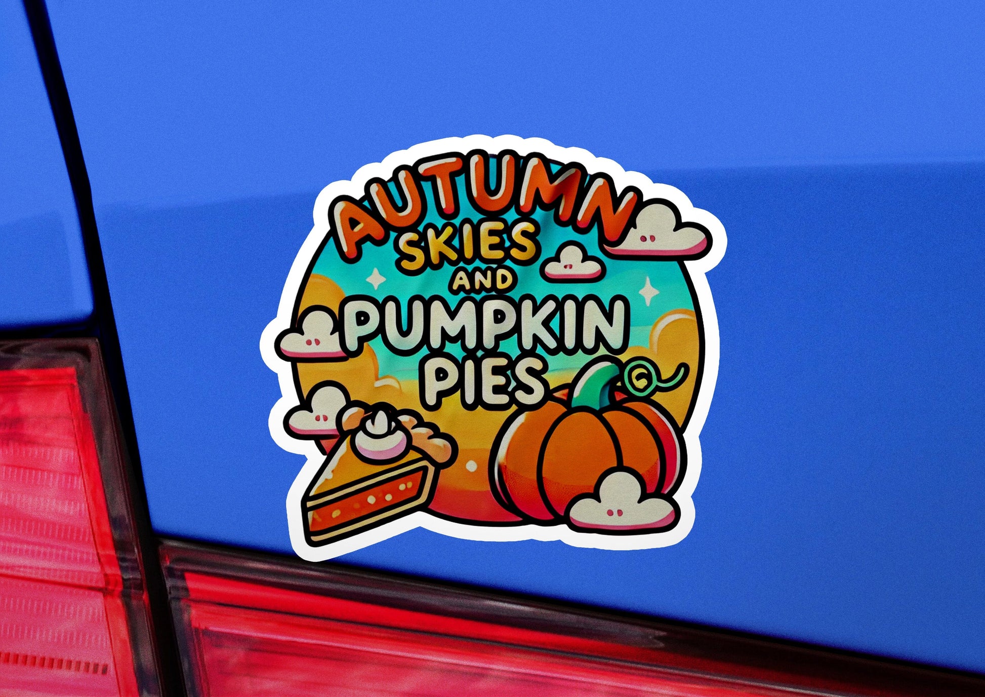 a sticker that says autumn skies and pumpkin pies