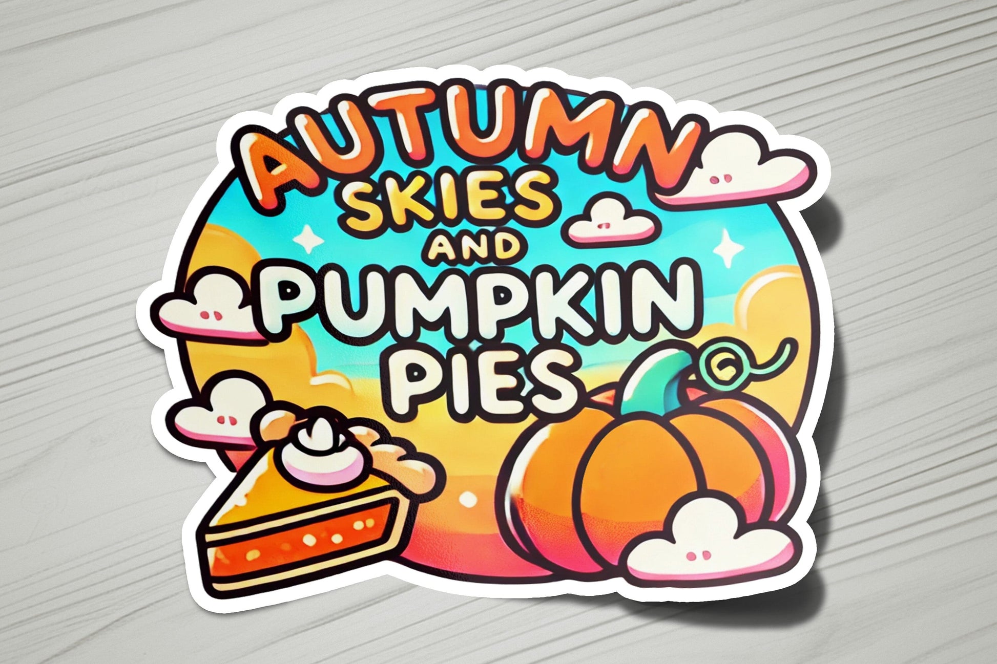 a sticker that says autumn skies and pumpkin pies