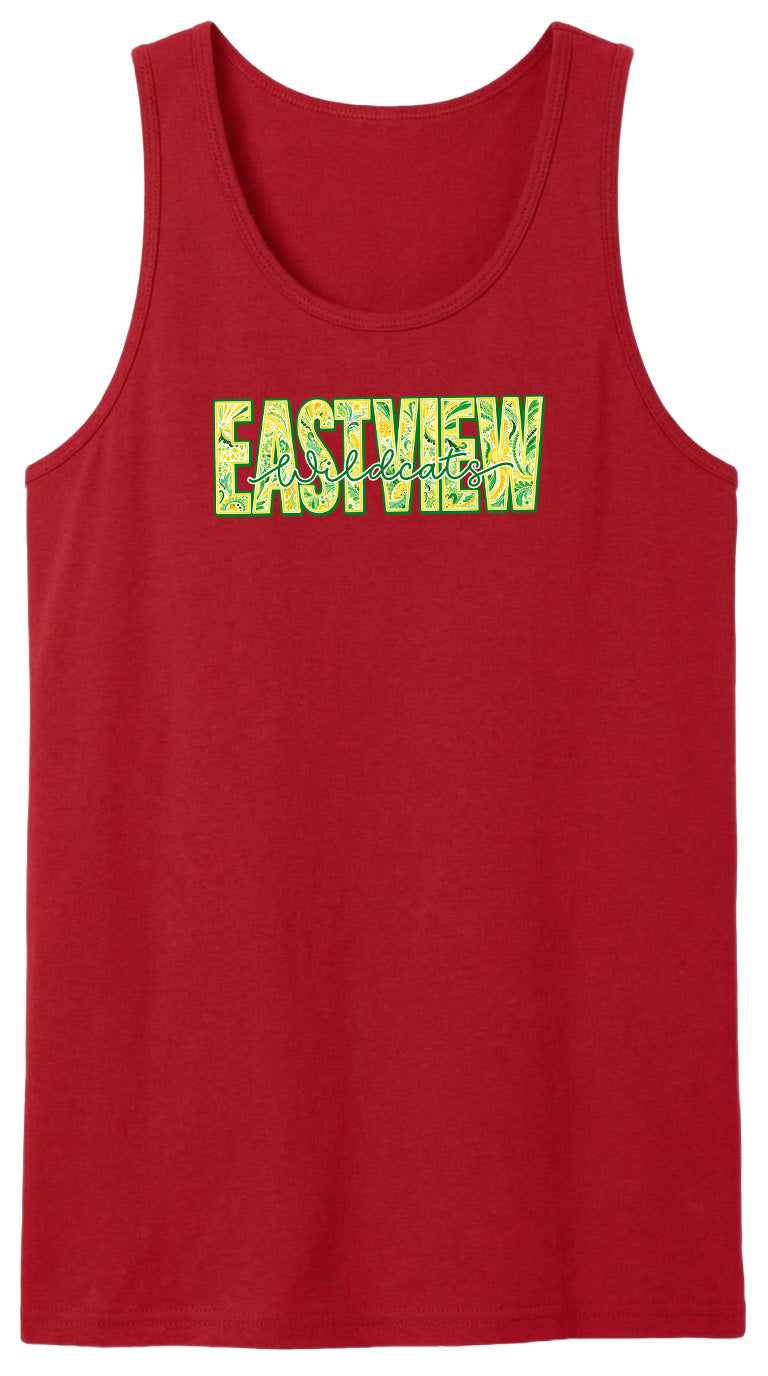 A red tank top with the word "EASTVIEW" printed on it in a stylized font.