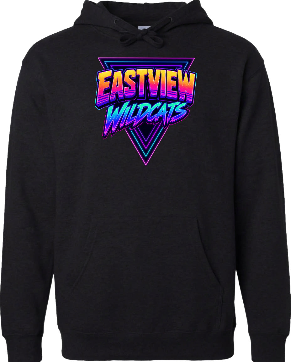 A black hoodie with a graphic design featuring the text "EASTVIEW WILDCATS" in a colorful, retro-style font.