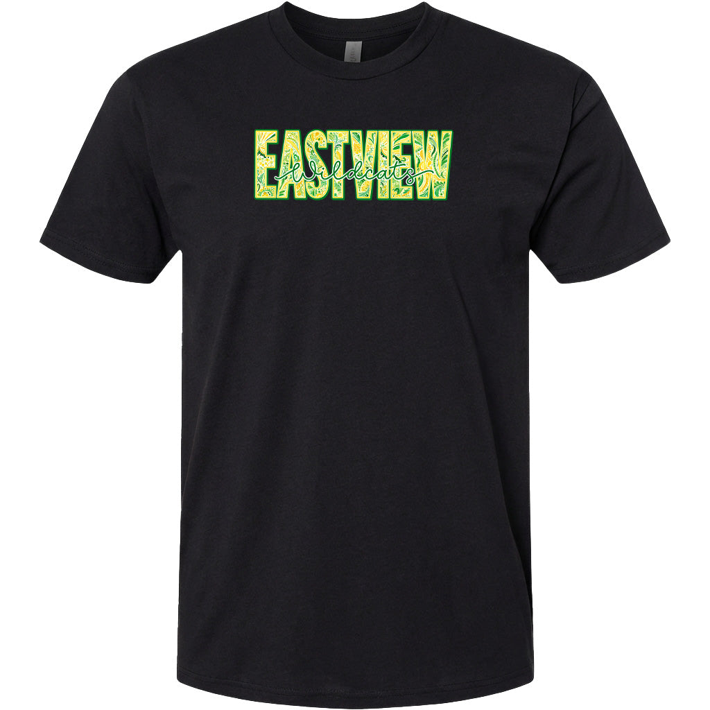 A black t-shirt with a large, colorful logo printed on it.