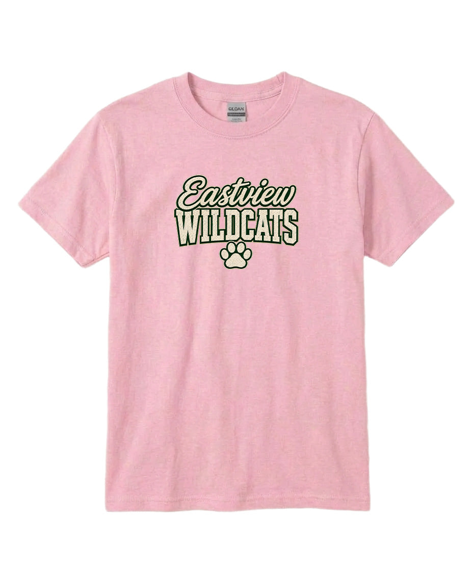 A pink t-shirt with the text "Eastview Wildcats" printed on it.