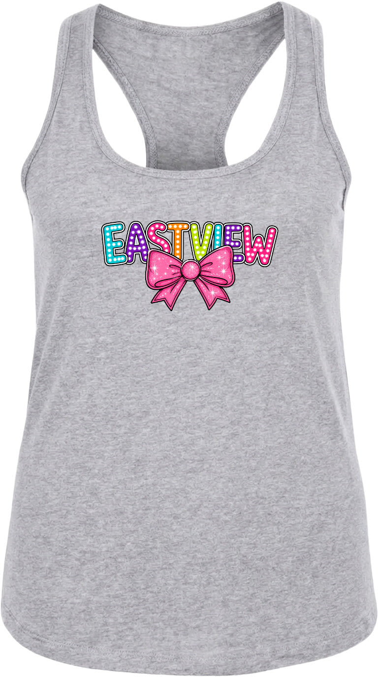 A gray tank top with a colorful bow and the word "EASTVIEW" printed on it.