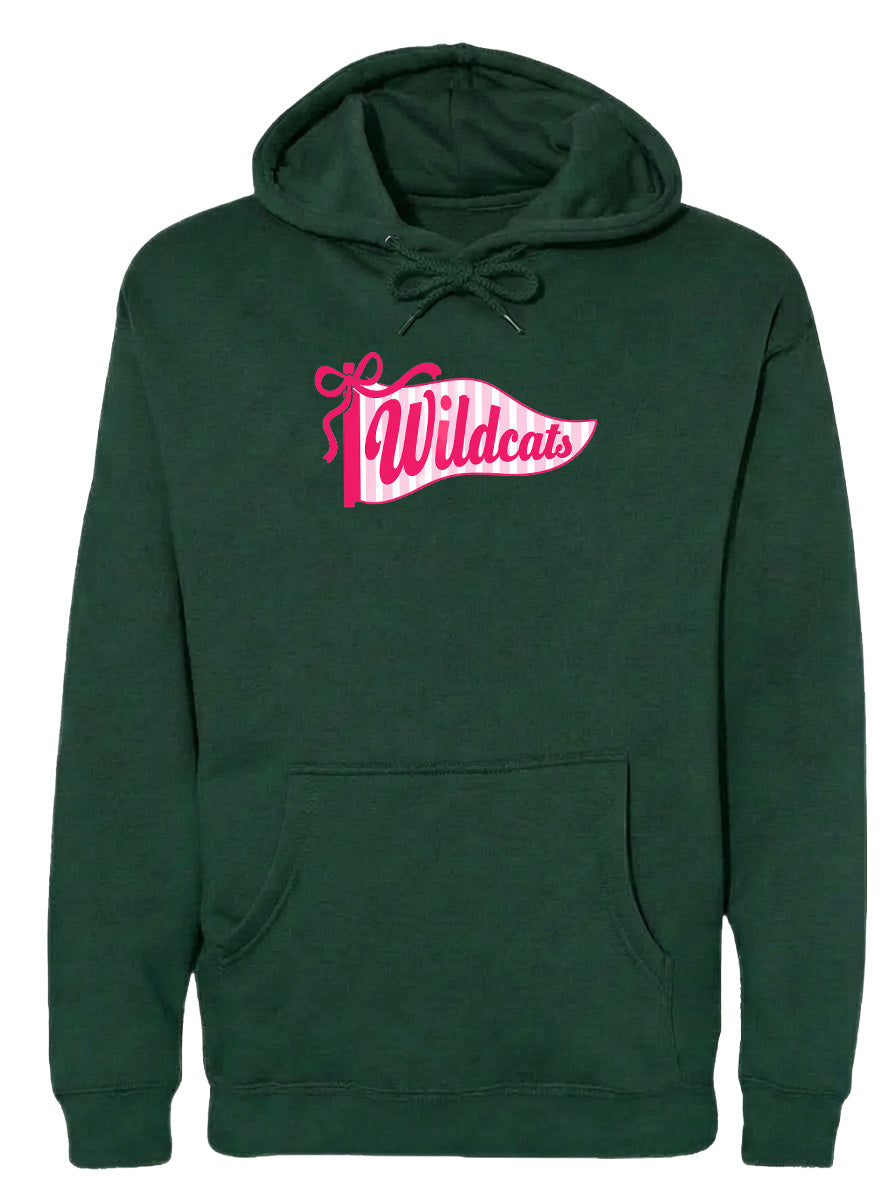 A dark green hoodie with a pink banner that says "Wildcats" on it.