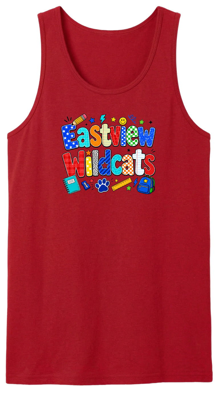 A red tank top with the text "Eastview Wildcats" printed on it.