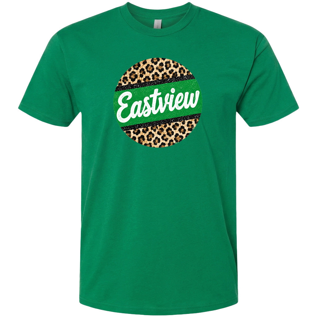A green t-shirt with a circular design featuring a leopard print pattern and the word "Eastview" written in white text.