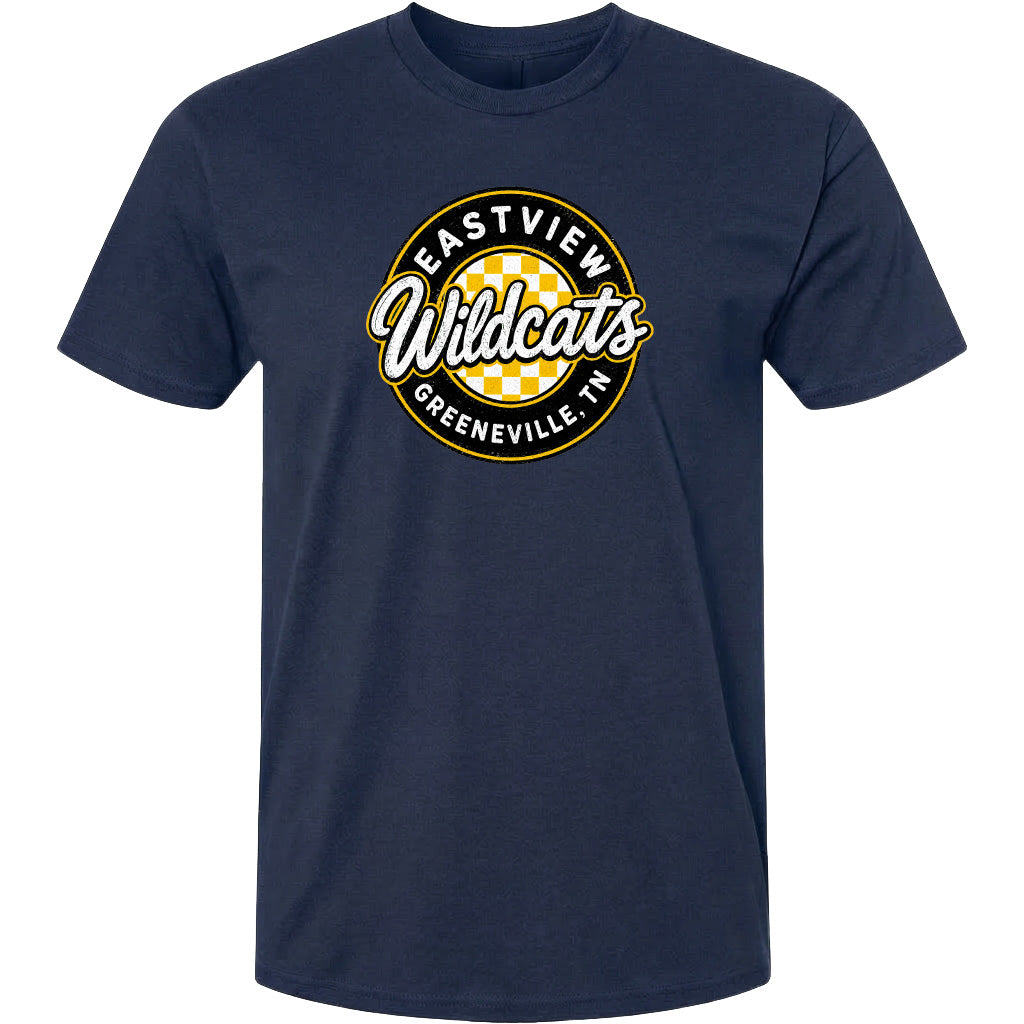 A navy blue t-shirt with a circular logo that says "EASTVIEW Wildcats Greeneville, TN".