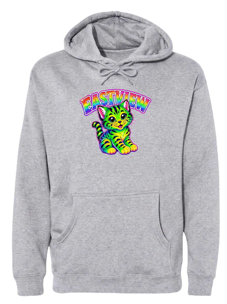 A gray hoodie with a colorful graphic of a cat and the text "Eastview" printed on it.