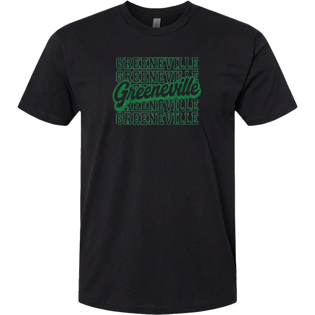 A black t-shirt with a graphic design featuring the text "Greenville" repeated in a stylized font.