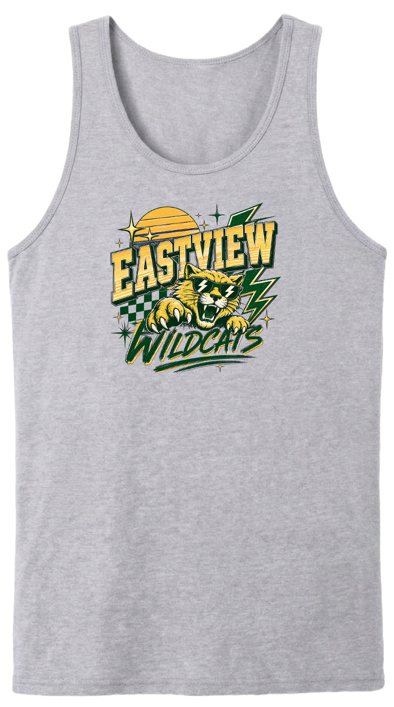 A gray tank top with a graphic design featuring a cat and the text "EASTVIEW WILDCATS" printed on it.