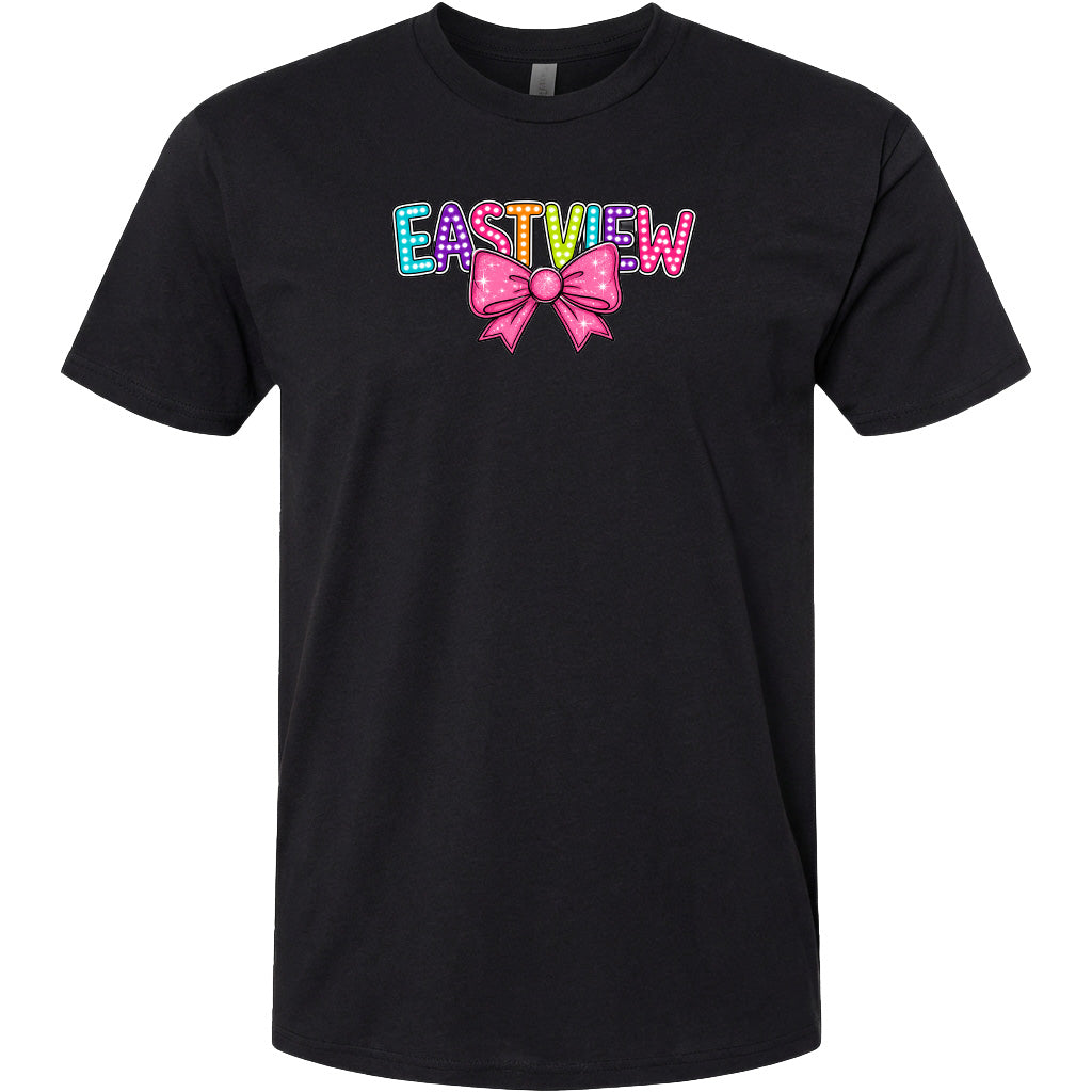 A black t-shirt with a colorful graphic design featuring the word "EASTVIEW" with a bow on the left side.
