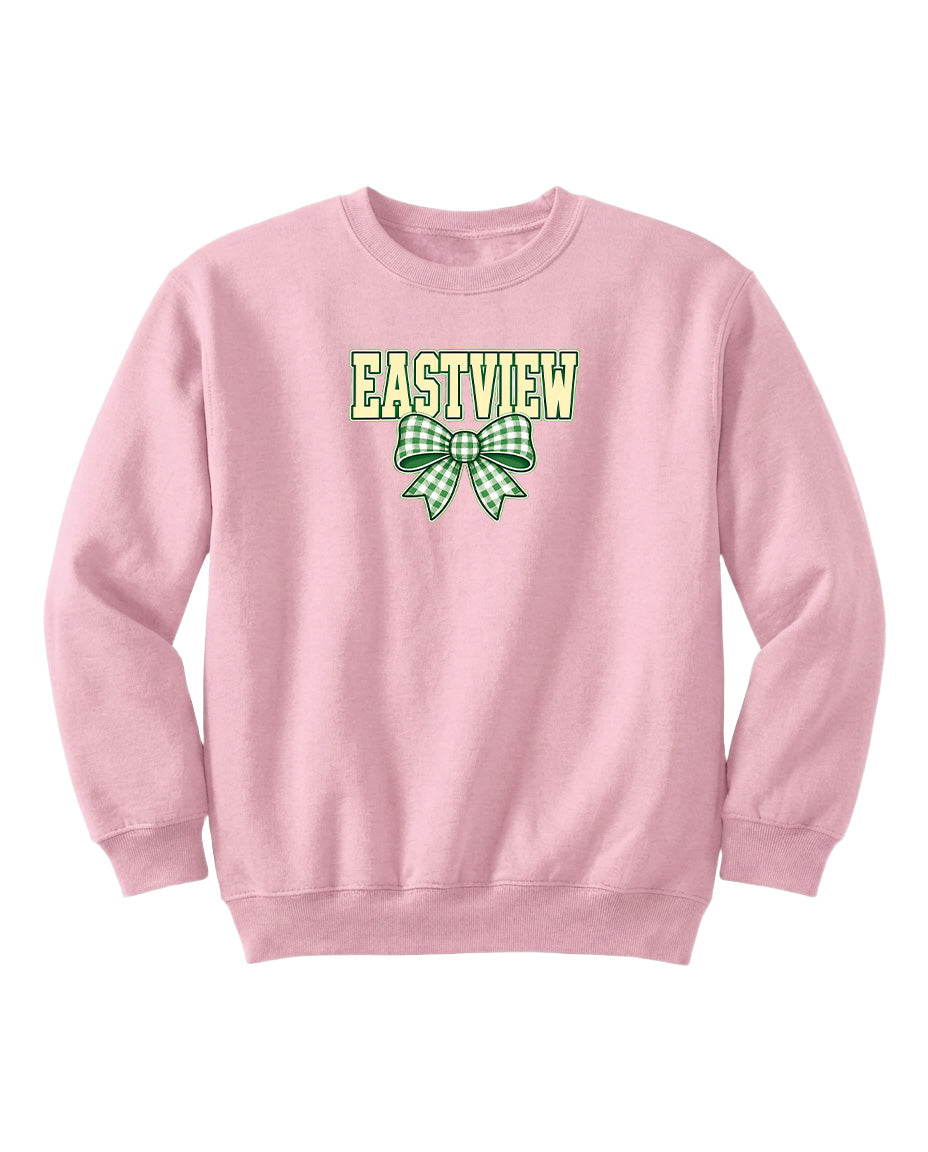 A pink sweatshirt with the word "EASTVIEW" and a green bow printed on it.