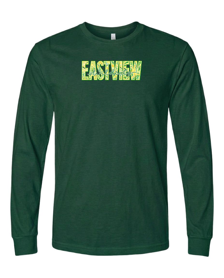 A dark green long-sleeved t-shirt with the word "EASTVIEW" printed in yellow letters across the front.