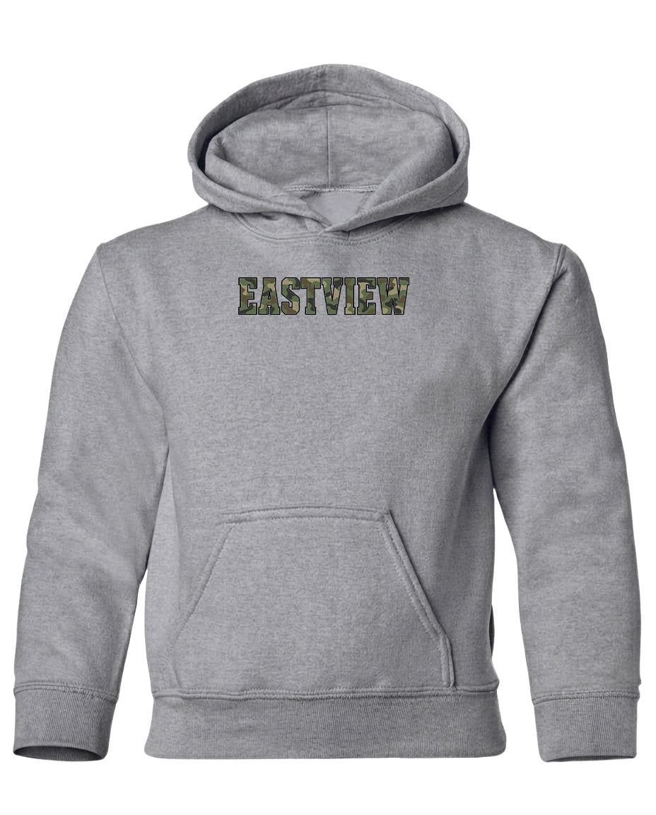 A gray hooded sweatshirt with the word "EASTVIEW" printed on the front.