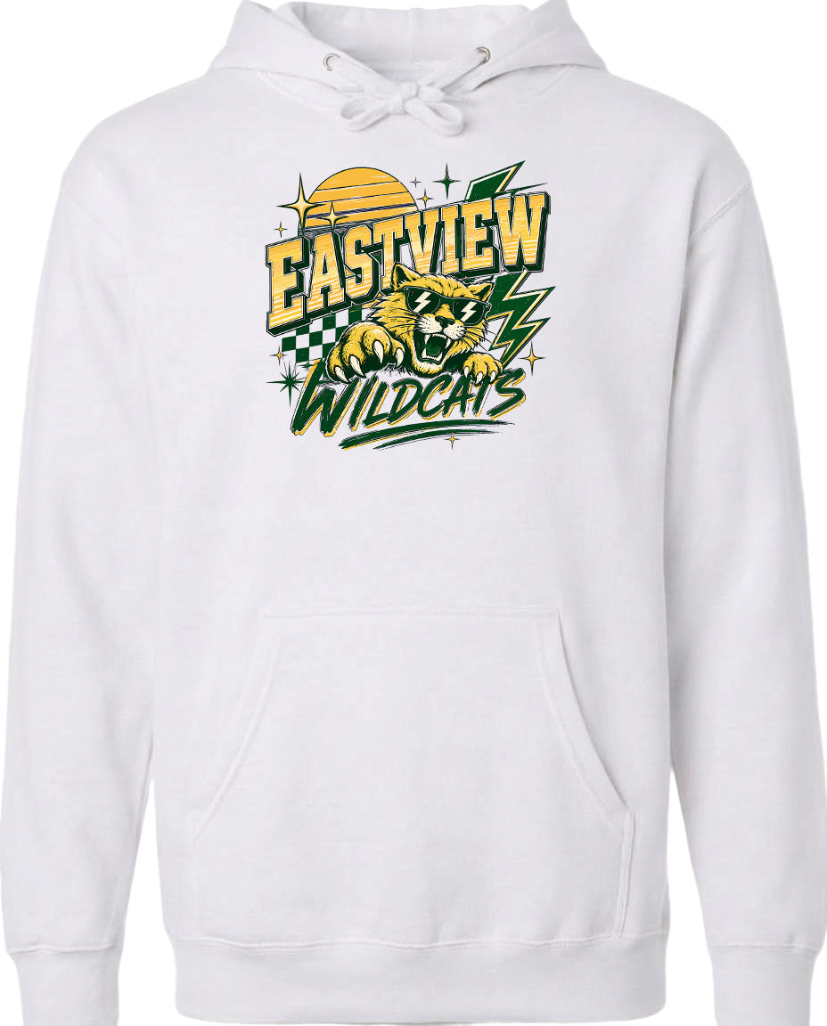 A white hoodie with a graphic design featuring a tiger and the text "EASTVIEW WILDCATS".