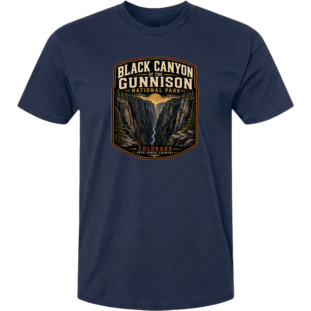 A navy blue t-shirt with a graphic design depicting the Black Canyon of the Gunnison National Park in Colorado.
