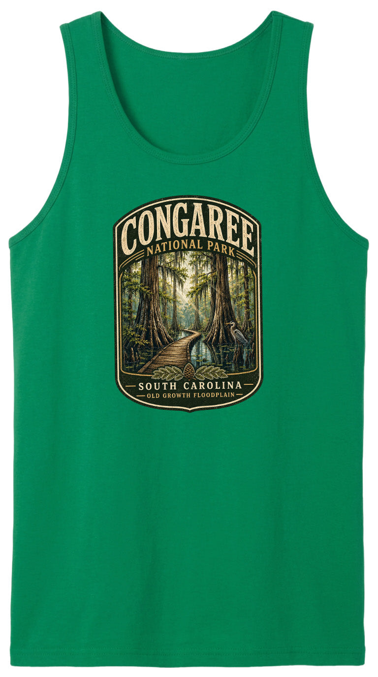 A green tank top with a graphic design depicting a forest scene with a path leading through it, surrounded by trees.