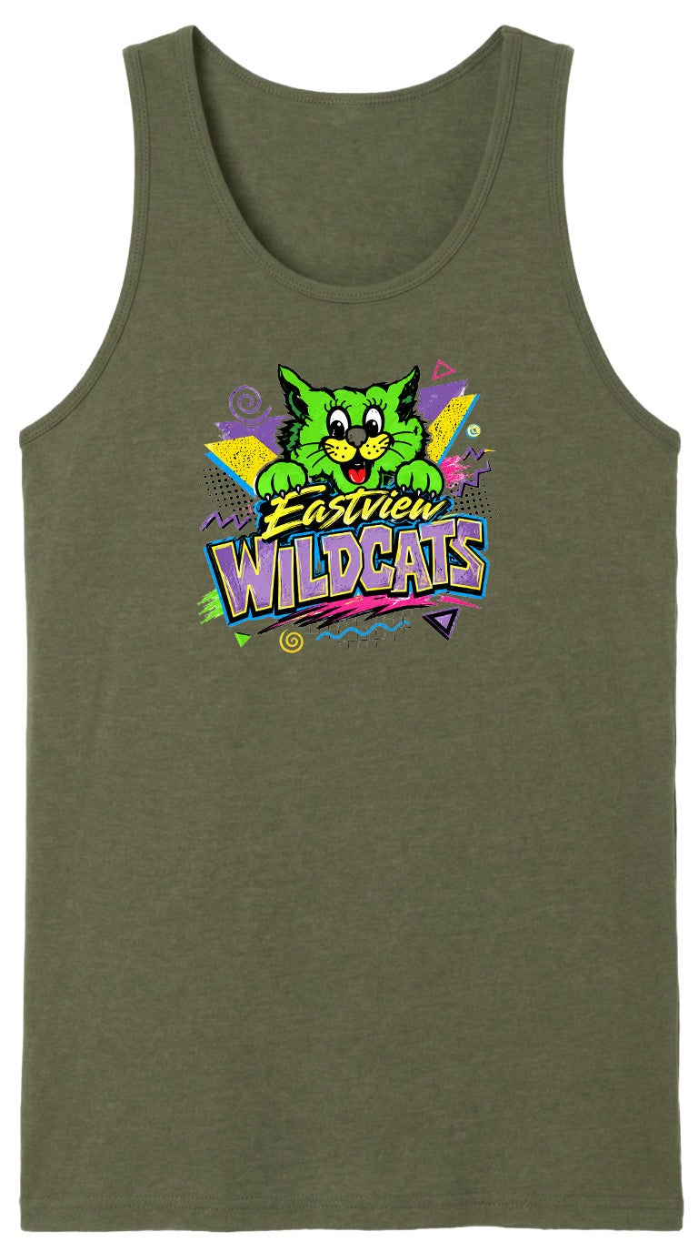 A green tank top with a colorful graphic design featuring a cartoon cat and the text "Wildcats" printed on it.