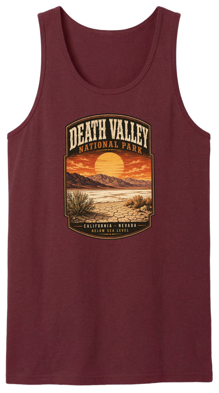 A red tank top with a graphic design depicting Death Valley National Park, including a sunset landscape and desert terrain.