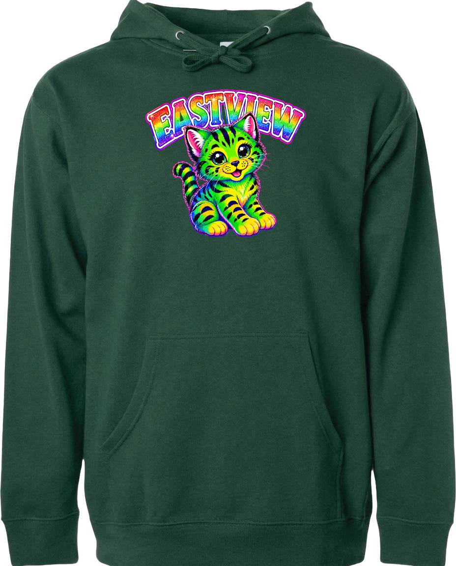 A green hoodie with a colorful graphic of a cat and the text "EASTVIEW" printed on it.