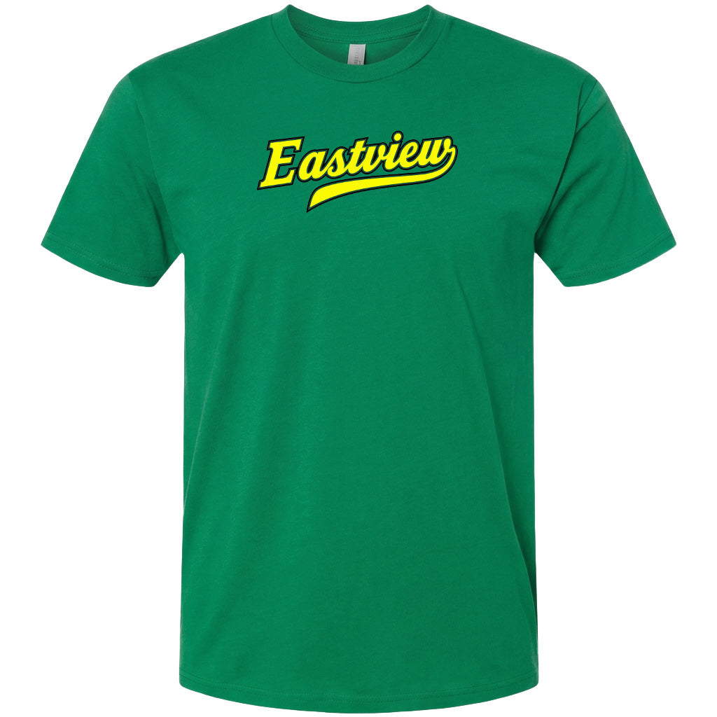 A green t-shirt with the word "Eastview" printed in yellow on it.