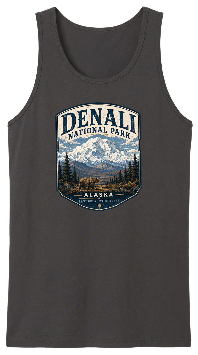 A gray tank top with a graphic design depicting Denali National Park in Alaska, featuring a bear and a mountain landscape.