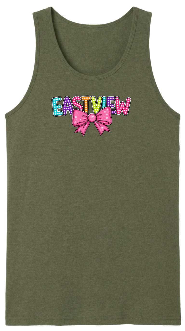 A green tank top with the word "EASTVIEW" and a colorful bow printed on it.
