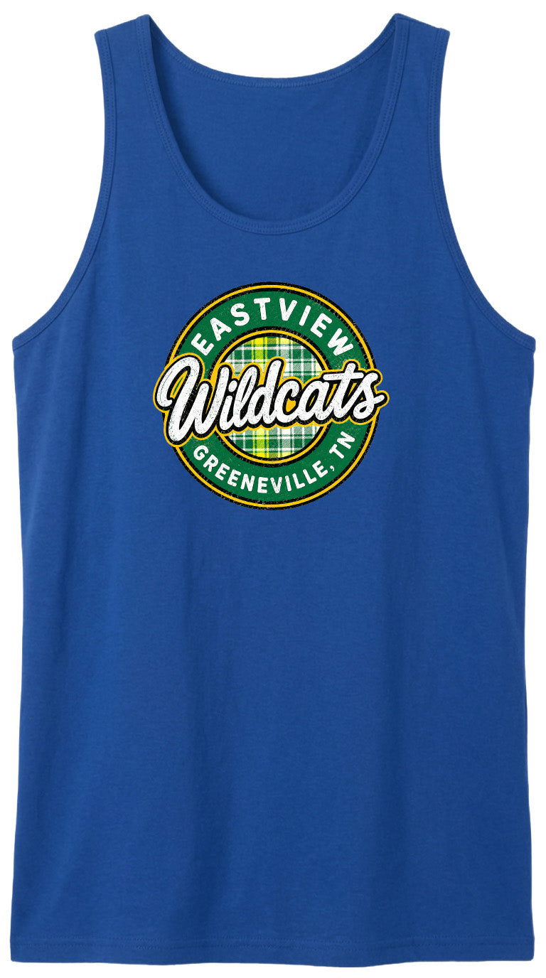 A blue tank top with a circular logo that says "EASTVIEW Wildcats Greeneville, TN".