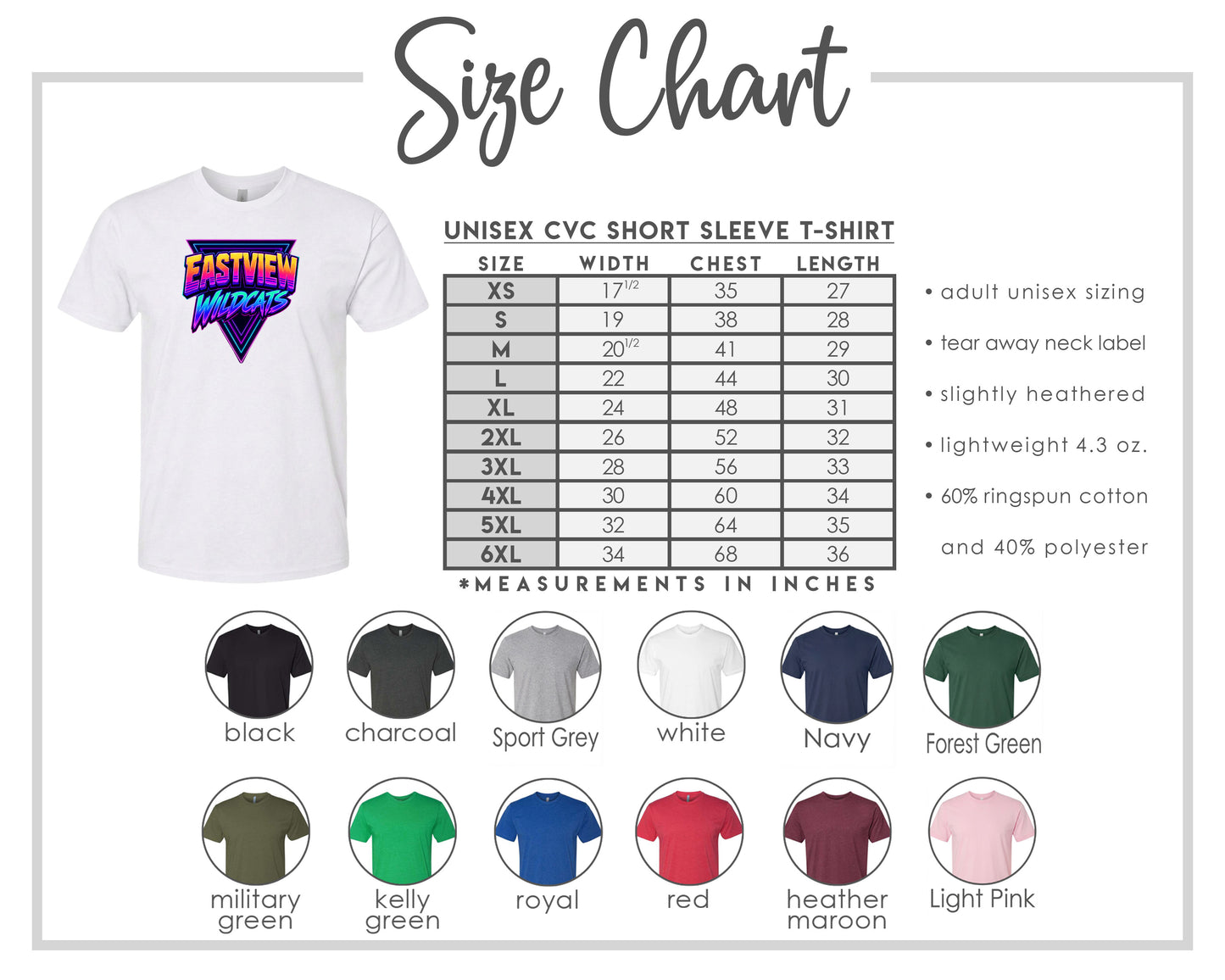 The image is a size chart for a white short sleeve t-shirt, including various color options and corresponding measurements in inches.