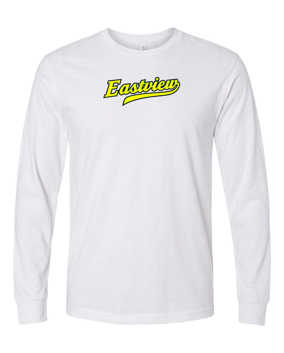 A white long-sleeved t-shirt with a yellow logo on the front.