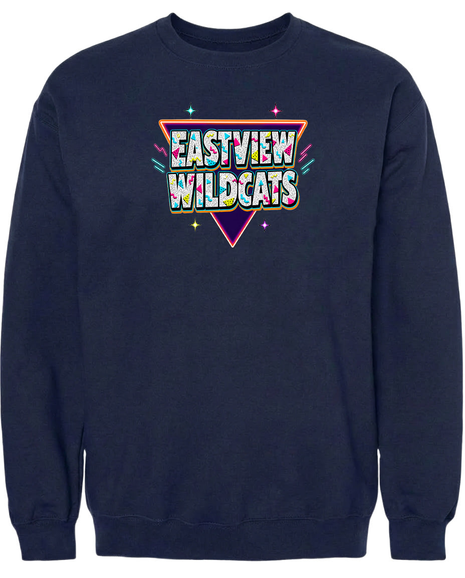 A navy blue sweatshirt with a colorful graphic design featuring the text "EASTVIEW WILDCATS" in a retro style.