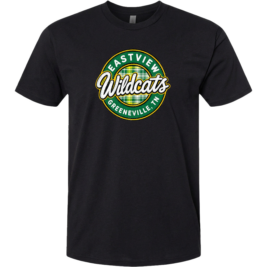 A black t-shirt with a circular logo on it. The logo features the text "EASTVIEW Wildcats" and "Greeneville, TN" in a stylized font.