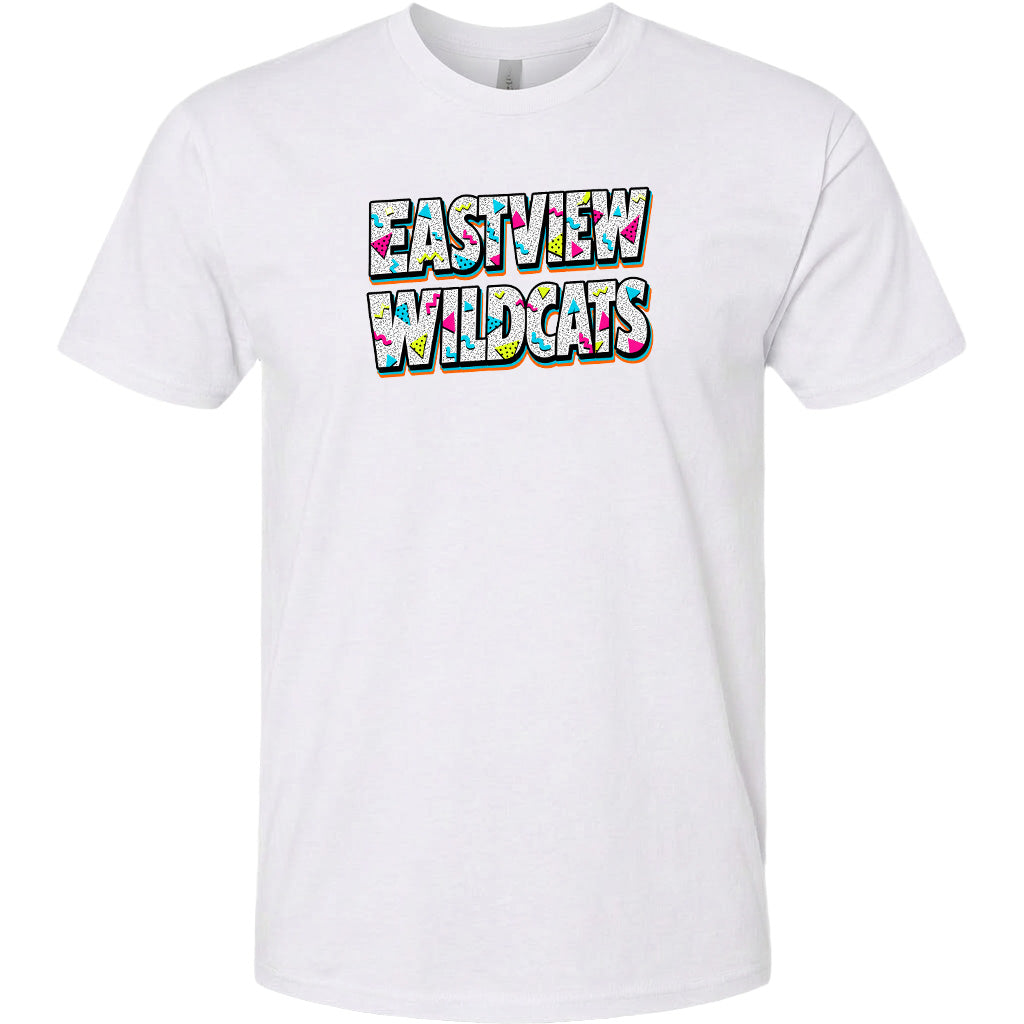 A white t-shirt with the text "EASTVIEW WILDCATS" printed on it in a colorful, tie-dye style.