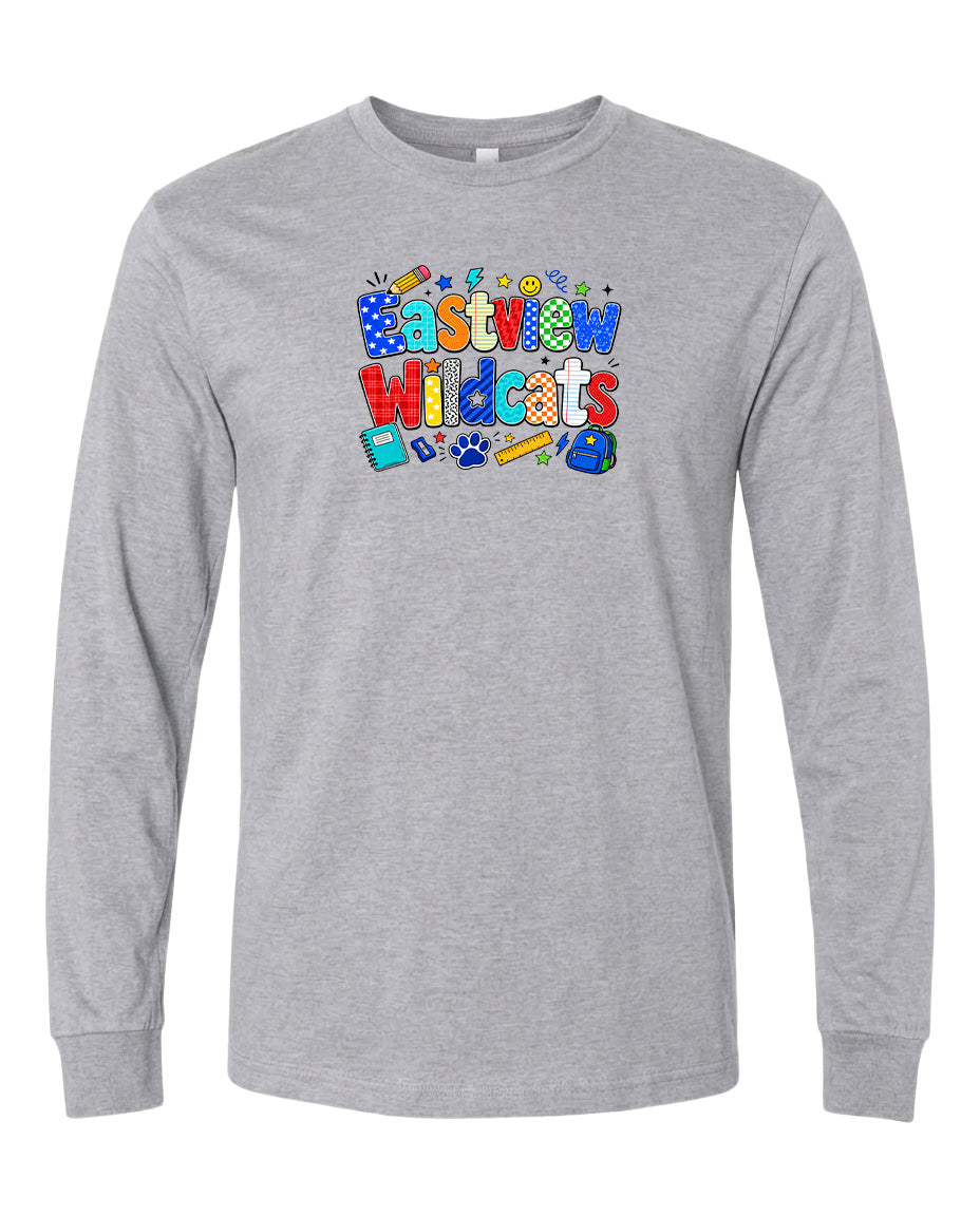 A gray long-sleeved t-shirt with a colorful graphic design featuring the text "EASTVIEW WILDCATS" in a playful font.