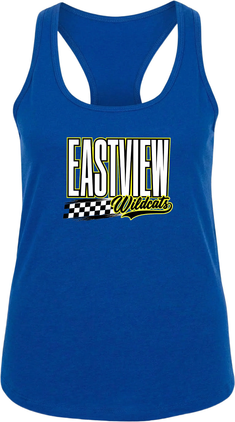 A blue tank top with a graphic design featuring the text "EASTVIEW Wildcats" in yellow and black.