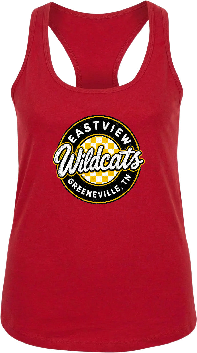 A red tank top with a logo that says "EASTVIEW Wildcats Greeneville, TN".