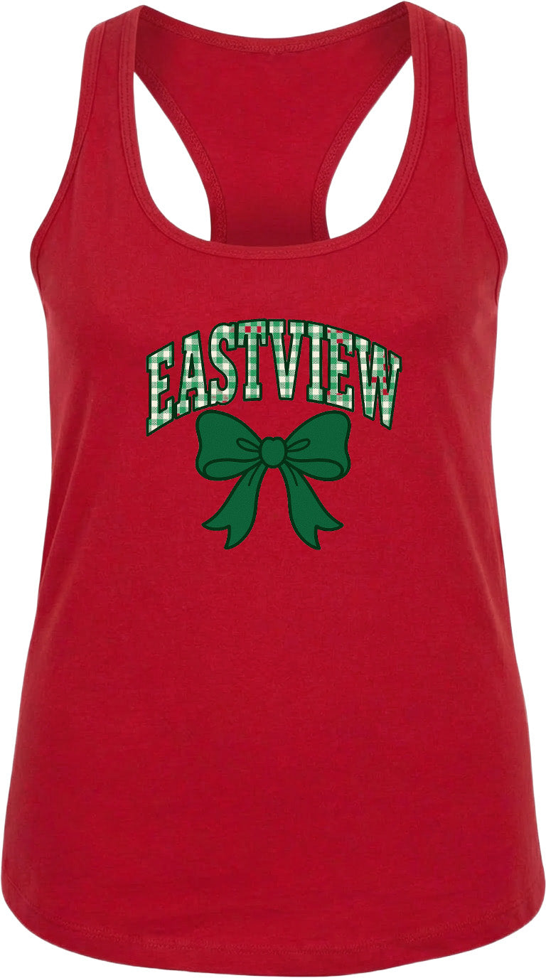 A red tank top with the text "EASTVIEW" and a green bow graphic printed on it.