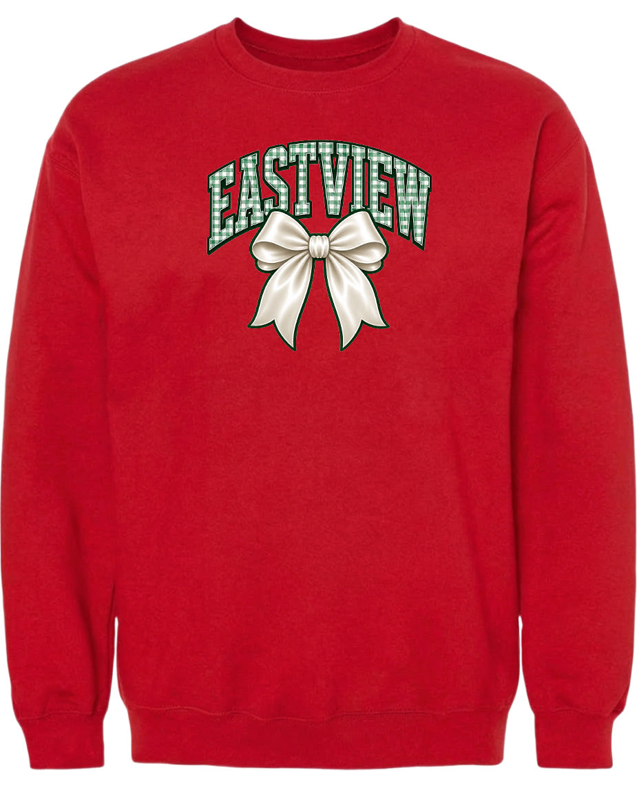 A red sweatshirt with a graphic design featuring a white bow and the word "EASTVIEW" printed on it.