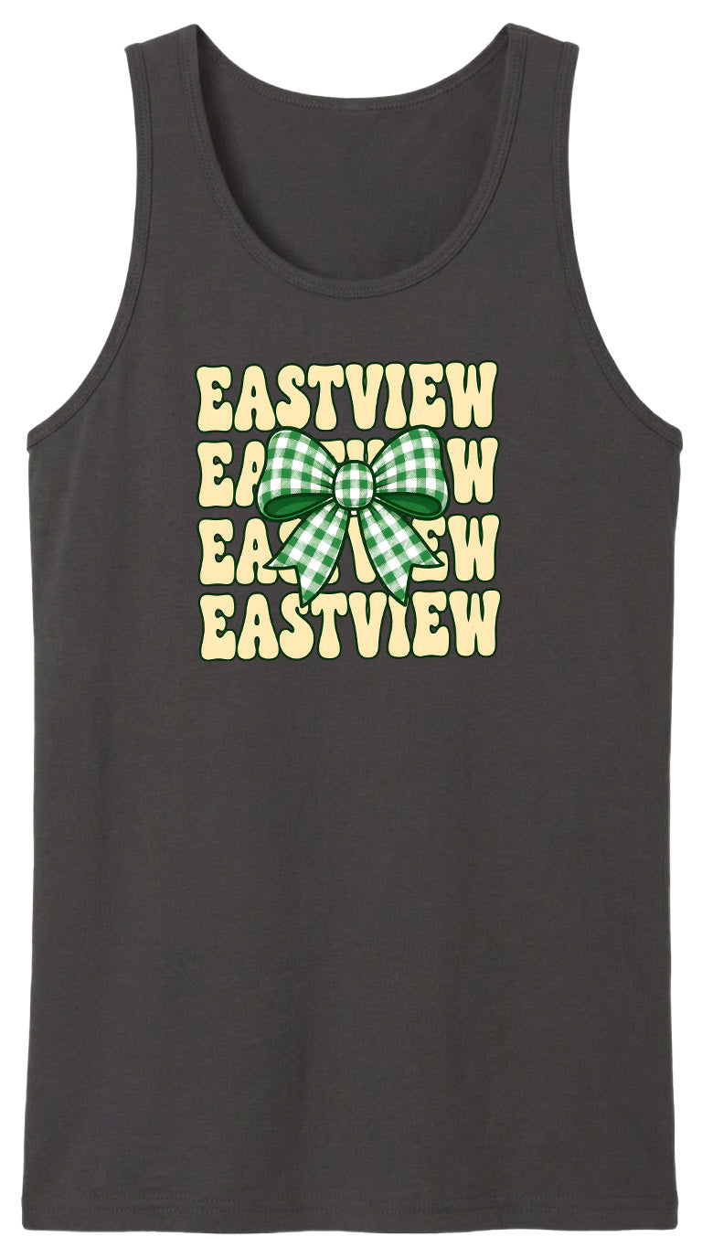 A black tank top with a graphic design featuring a green and white checkered bow on the front.
